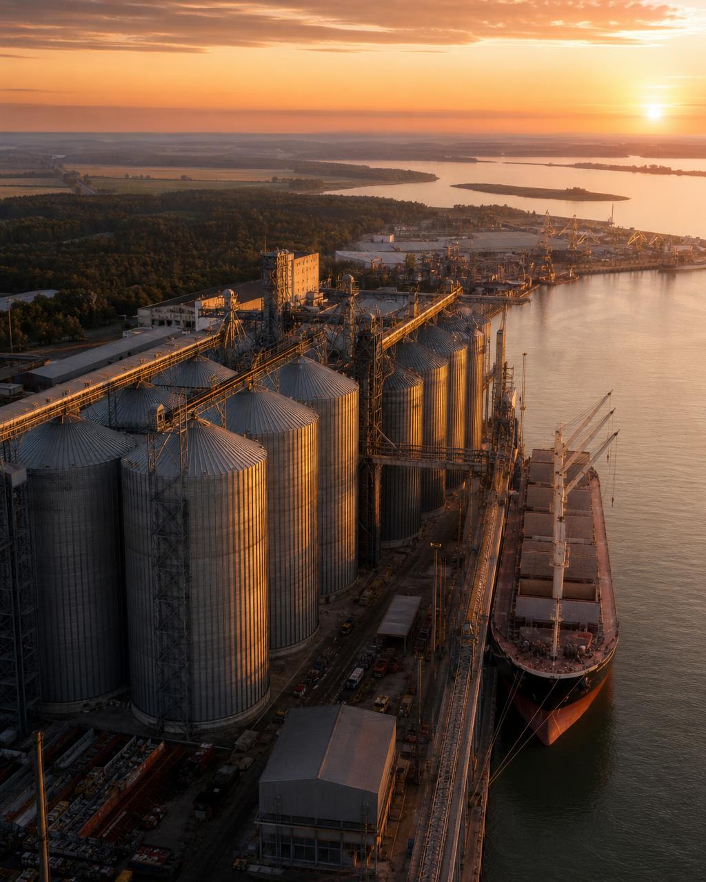 Silos de grãos ao pôr do sol — operações de commodities em escala